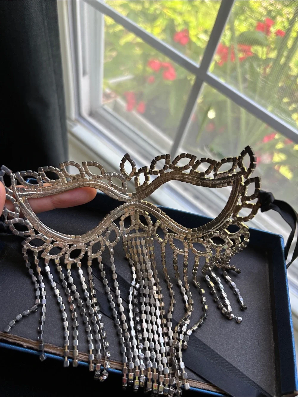 Silver Rhinestone Fringe Masquerade Mask by